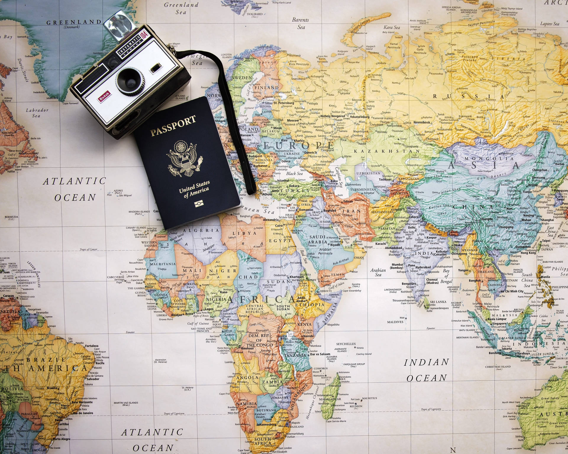 Camera And Passport World Map 4k Background