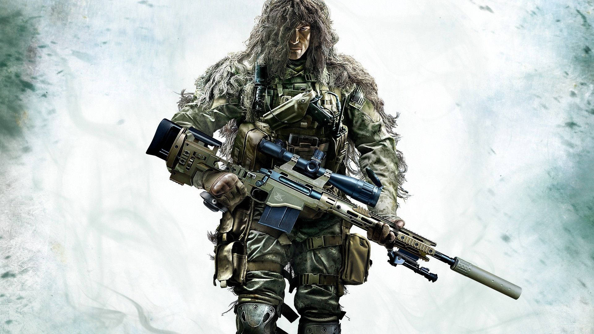 Camouflaged Sniper Soldier In Action Background