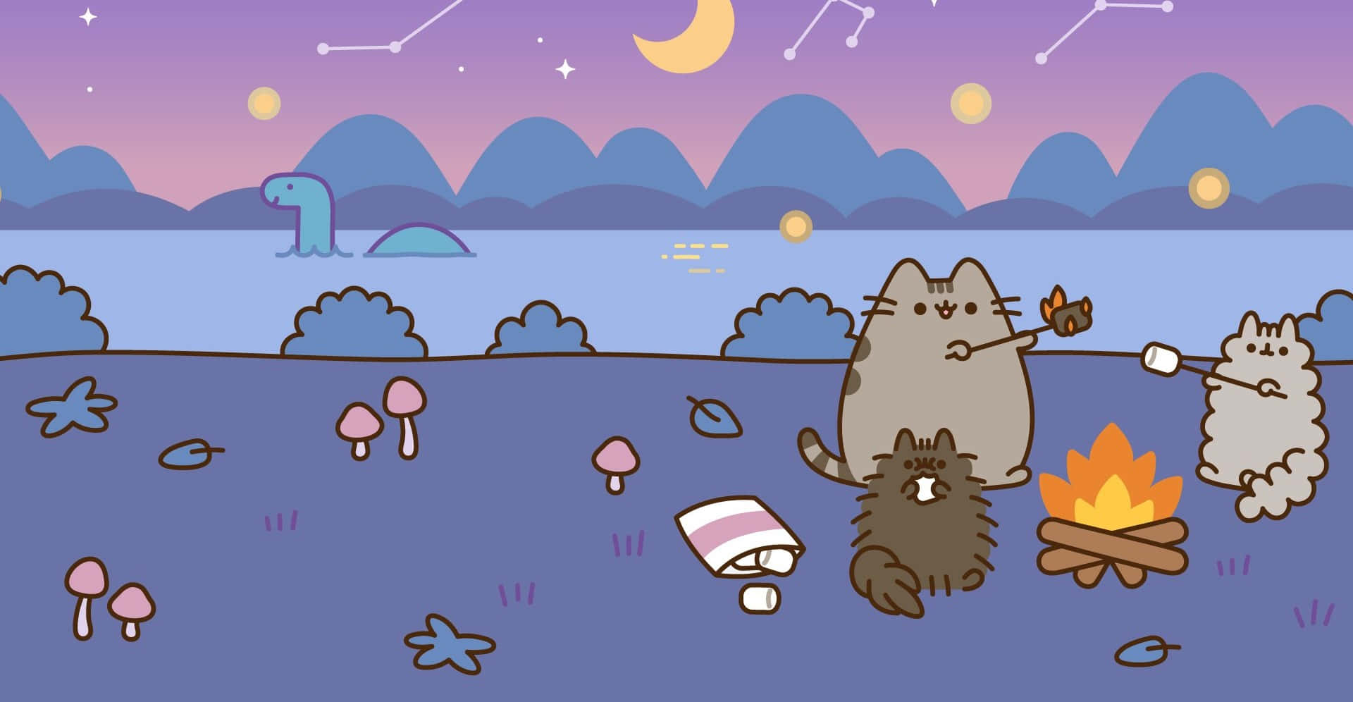 Camper Pusheen Kawaii With A Monster Background