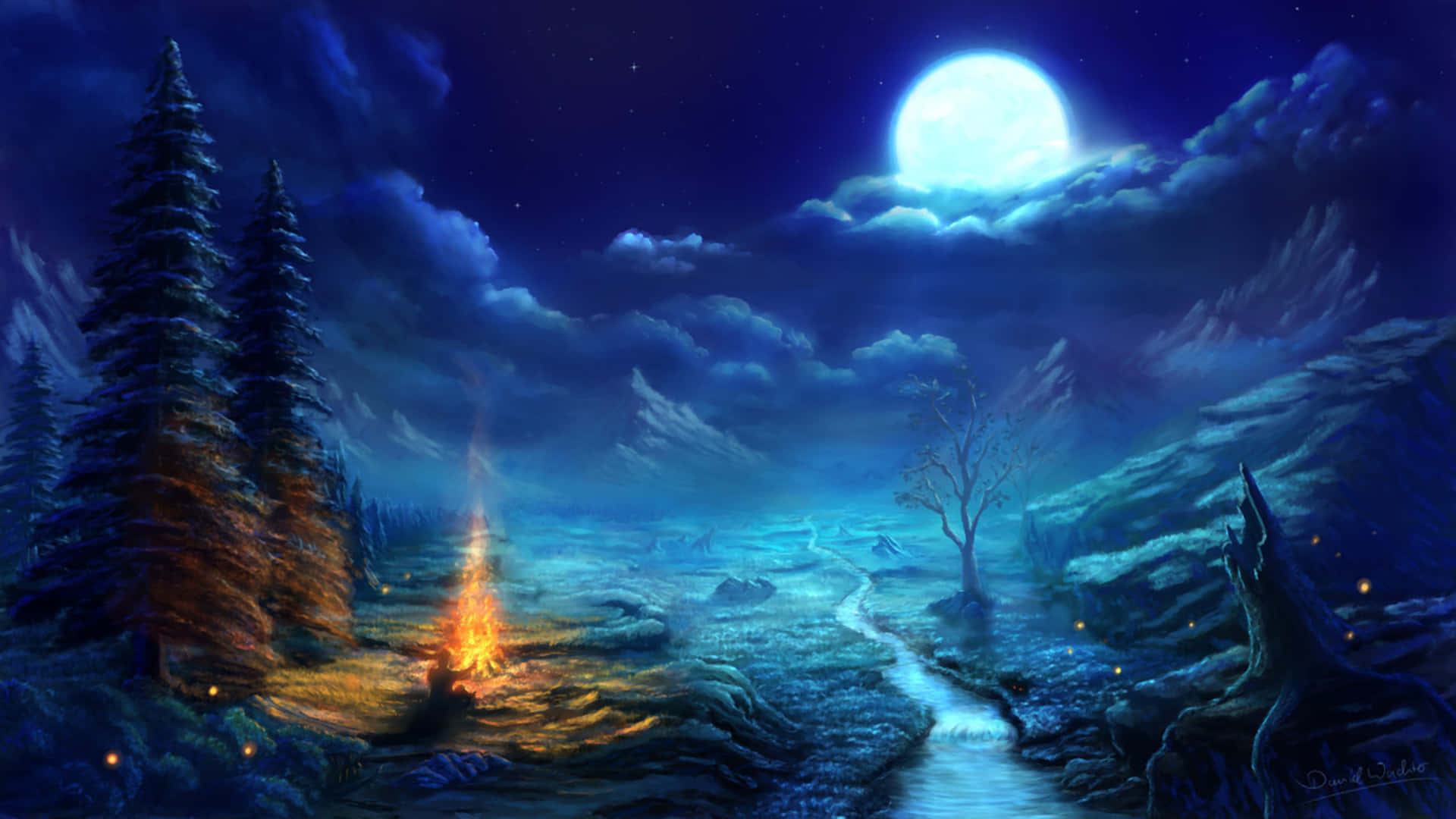 Campfire Fantasy Land Vector Art Background