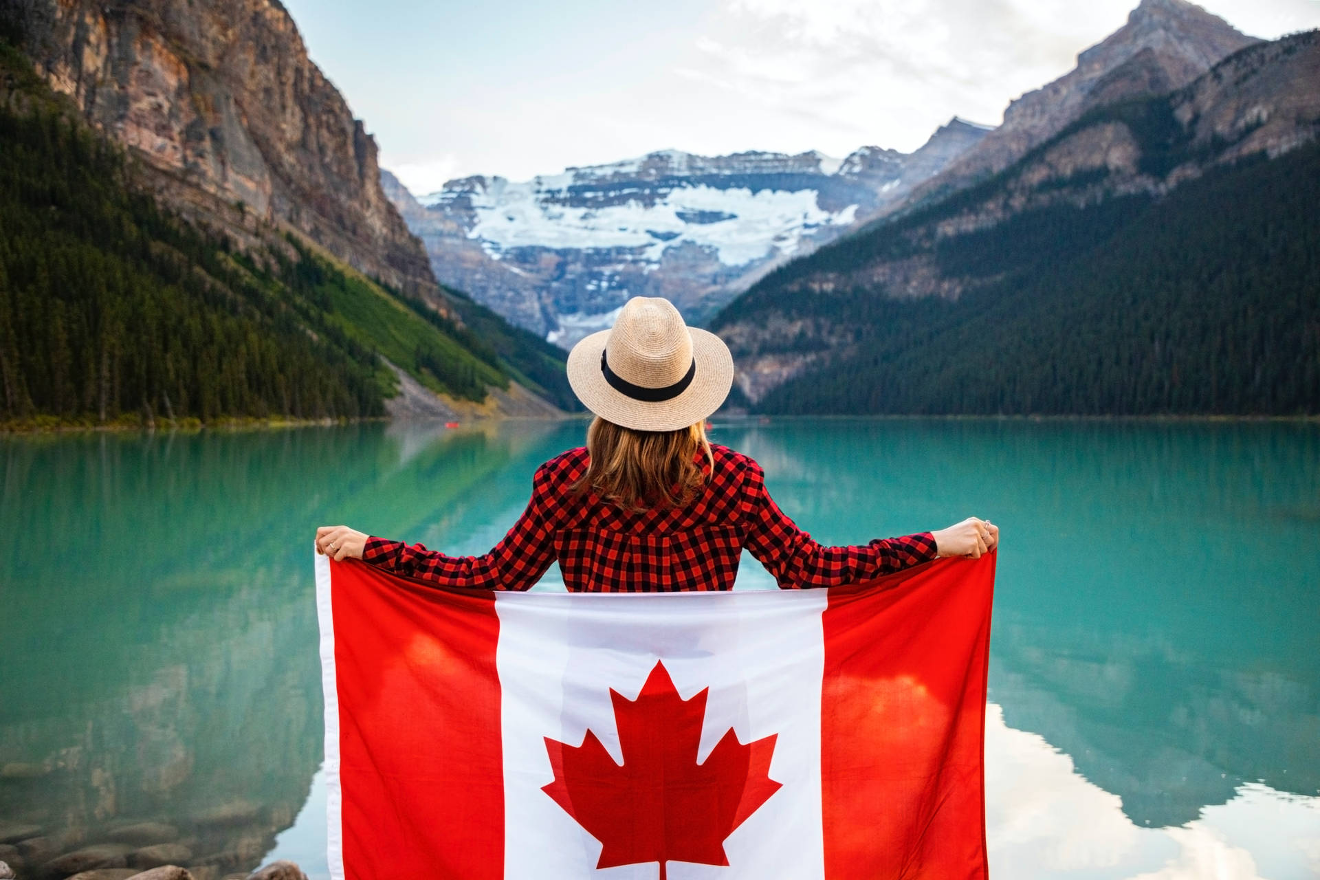 Canadian Flag And Lake Background