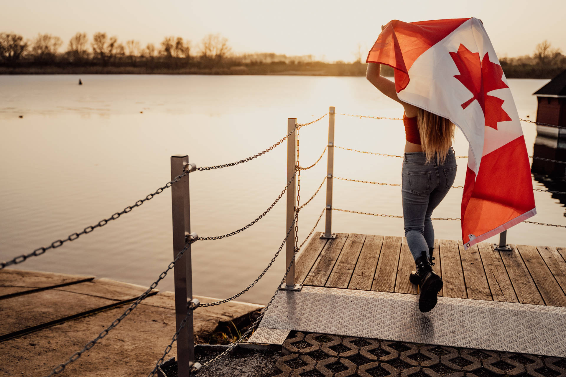 Canadian Flag Woman Dock Background