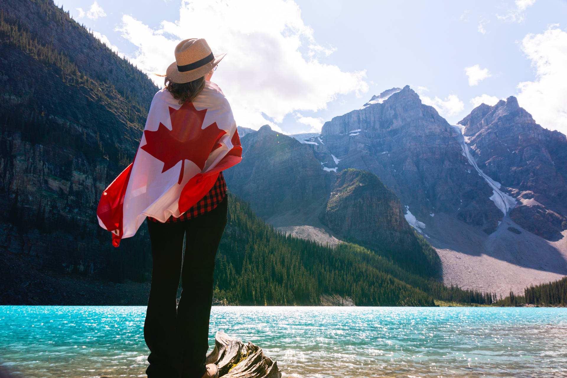 Canadian Flag Woman Staring At Mountains