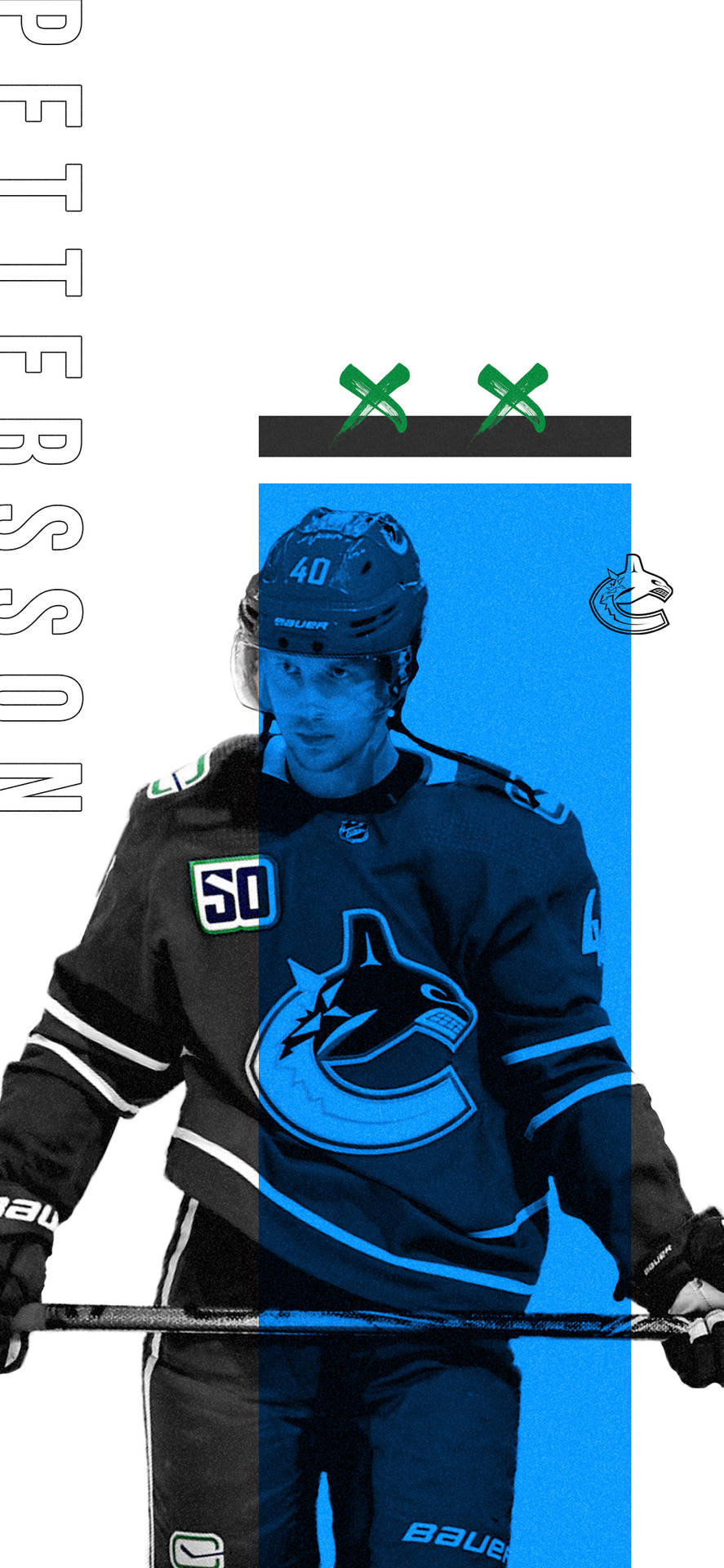 Canadian Nhl Player Elias Pettersson Blue And White Poster Background