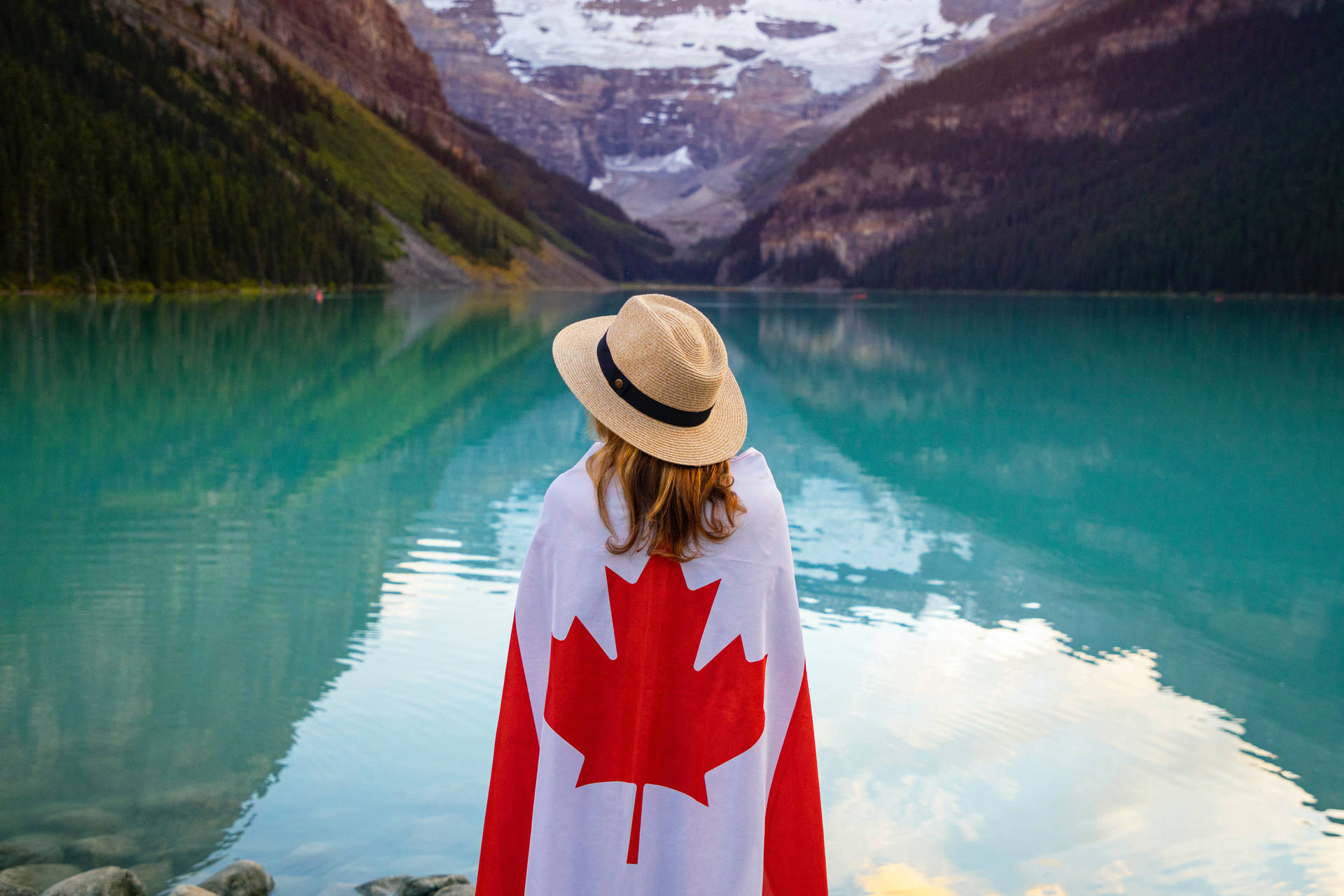 Canadian Woman Hat Mountain Lake Background