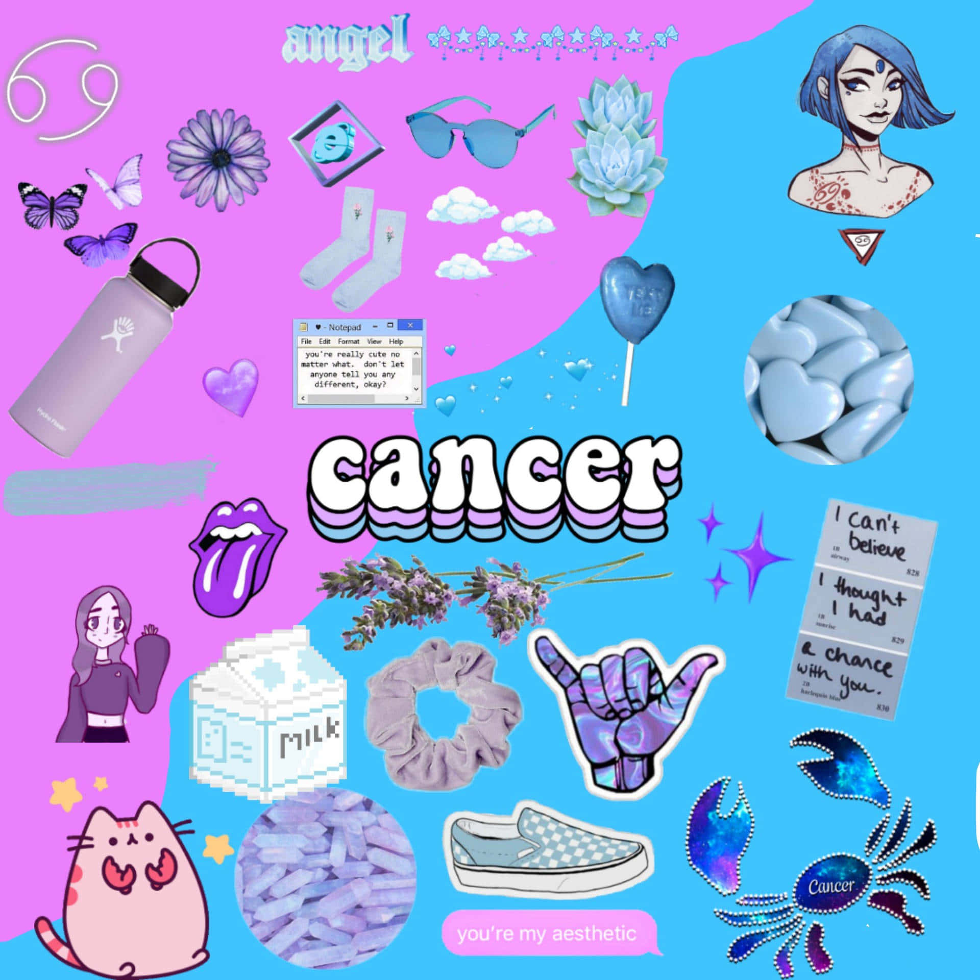 Cancer - A Pink And Blue Collage With Various Items Background