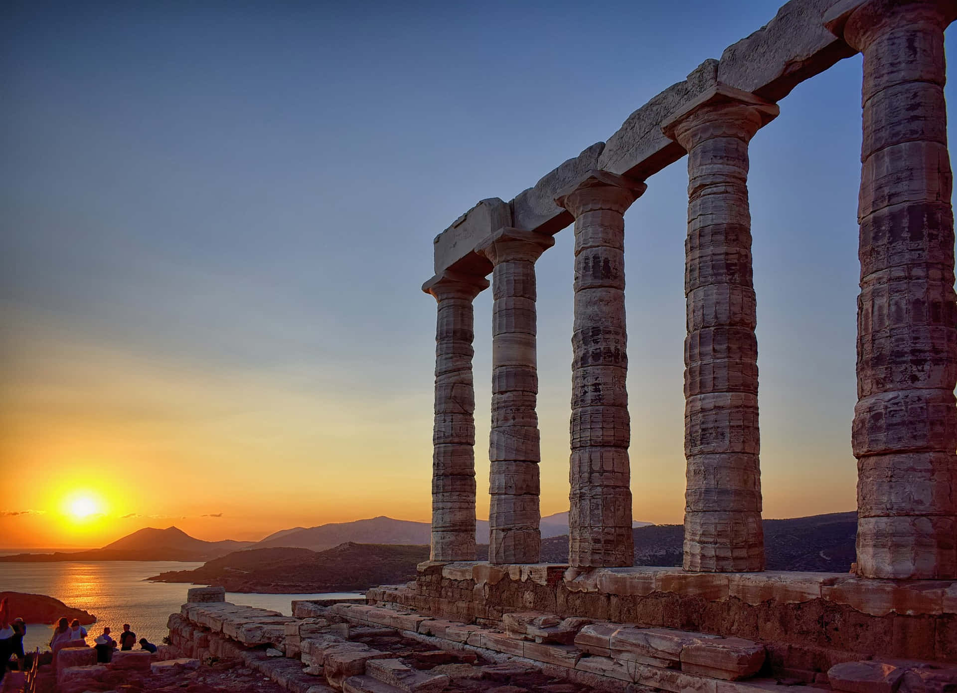 Cape Sounion Ruins Orange Blue Background