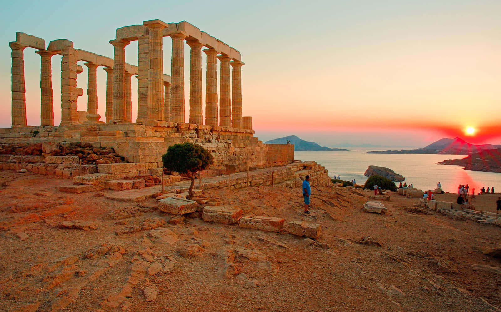 Cape Sounion Ruins Orange Sunset Background