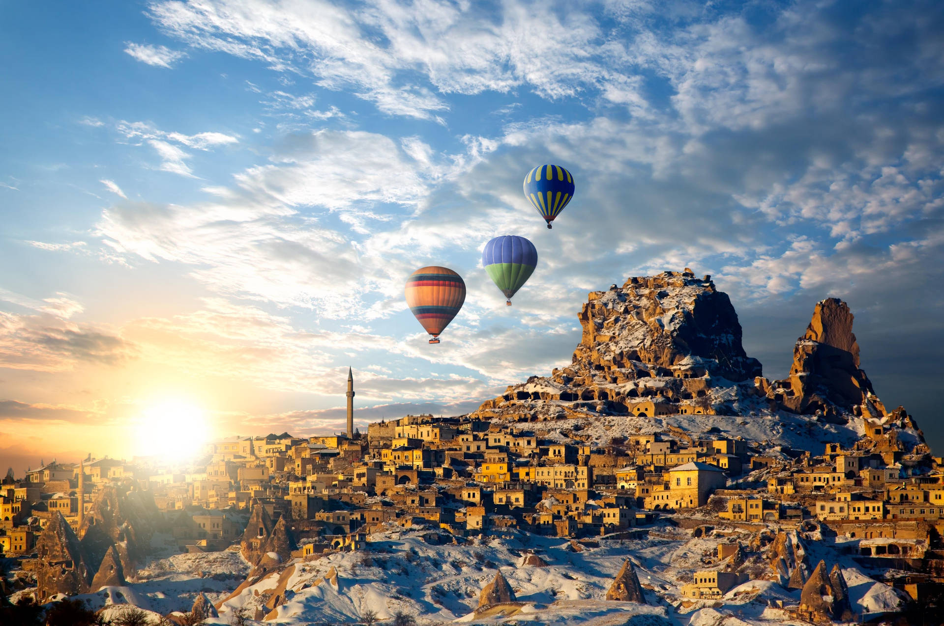 Cappadocia Sunrise Village Skyline Balloons Background