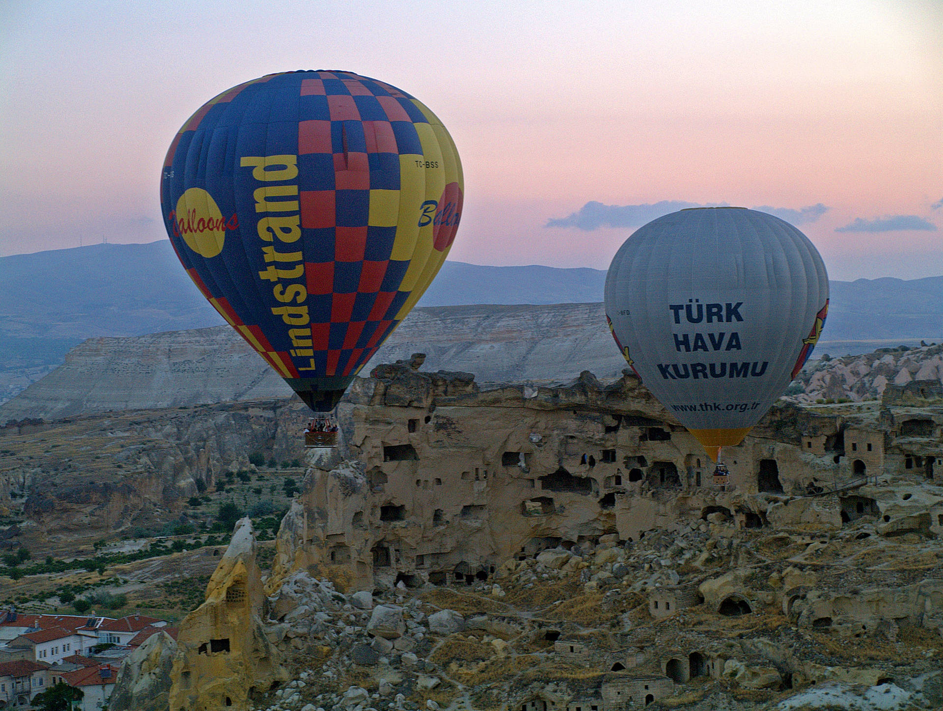 Cappadocia Two Balloons Village Background