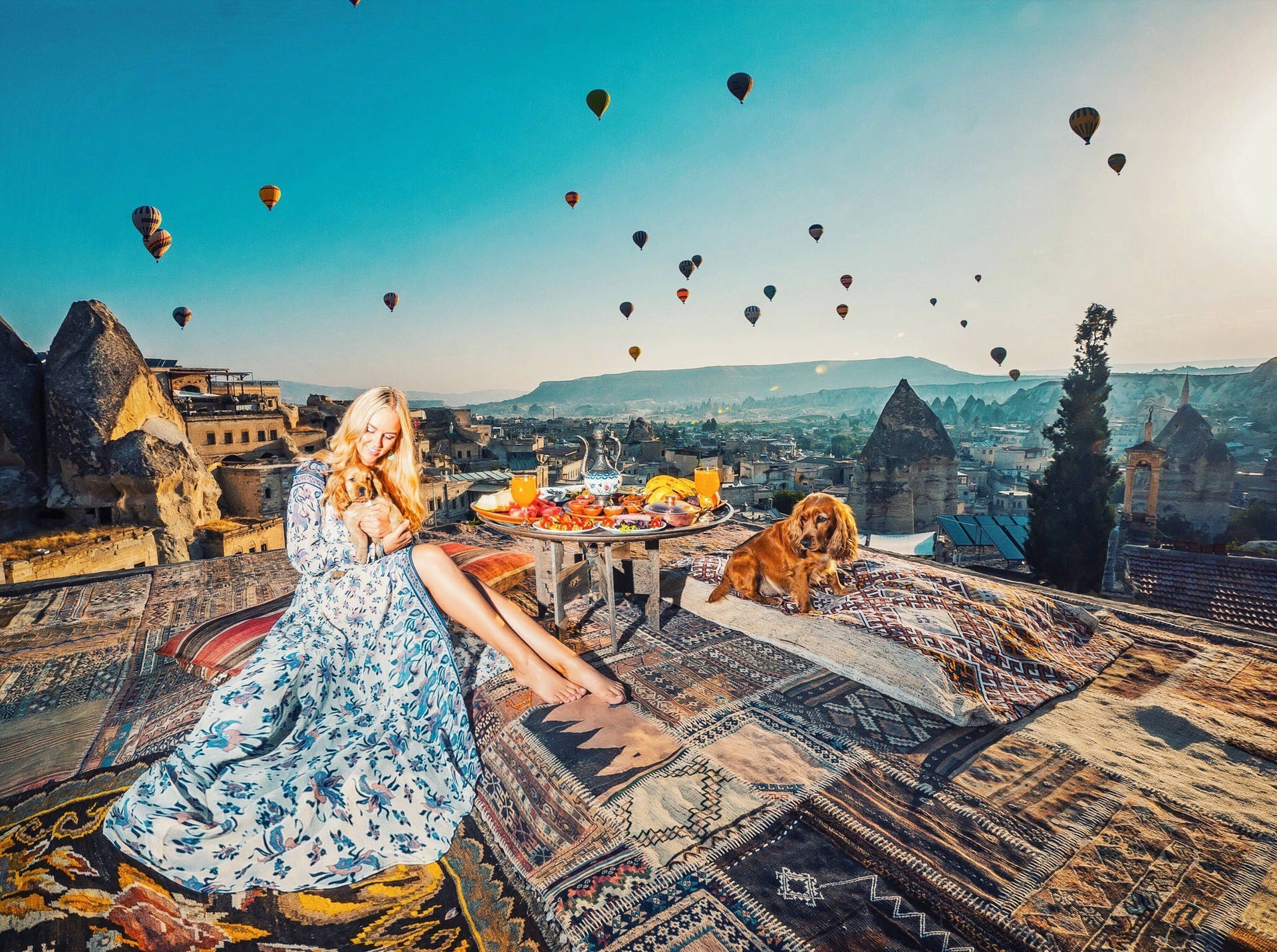 Cappadocia Woman Dogs Balloon Background