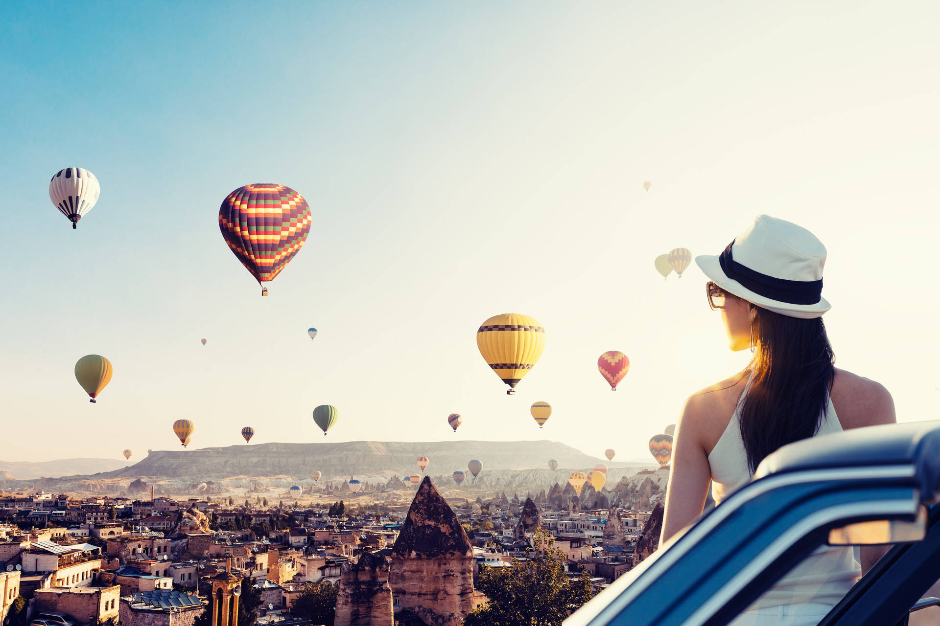 Cappadocia Woman Hat Balloons Background