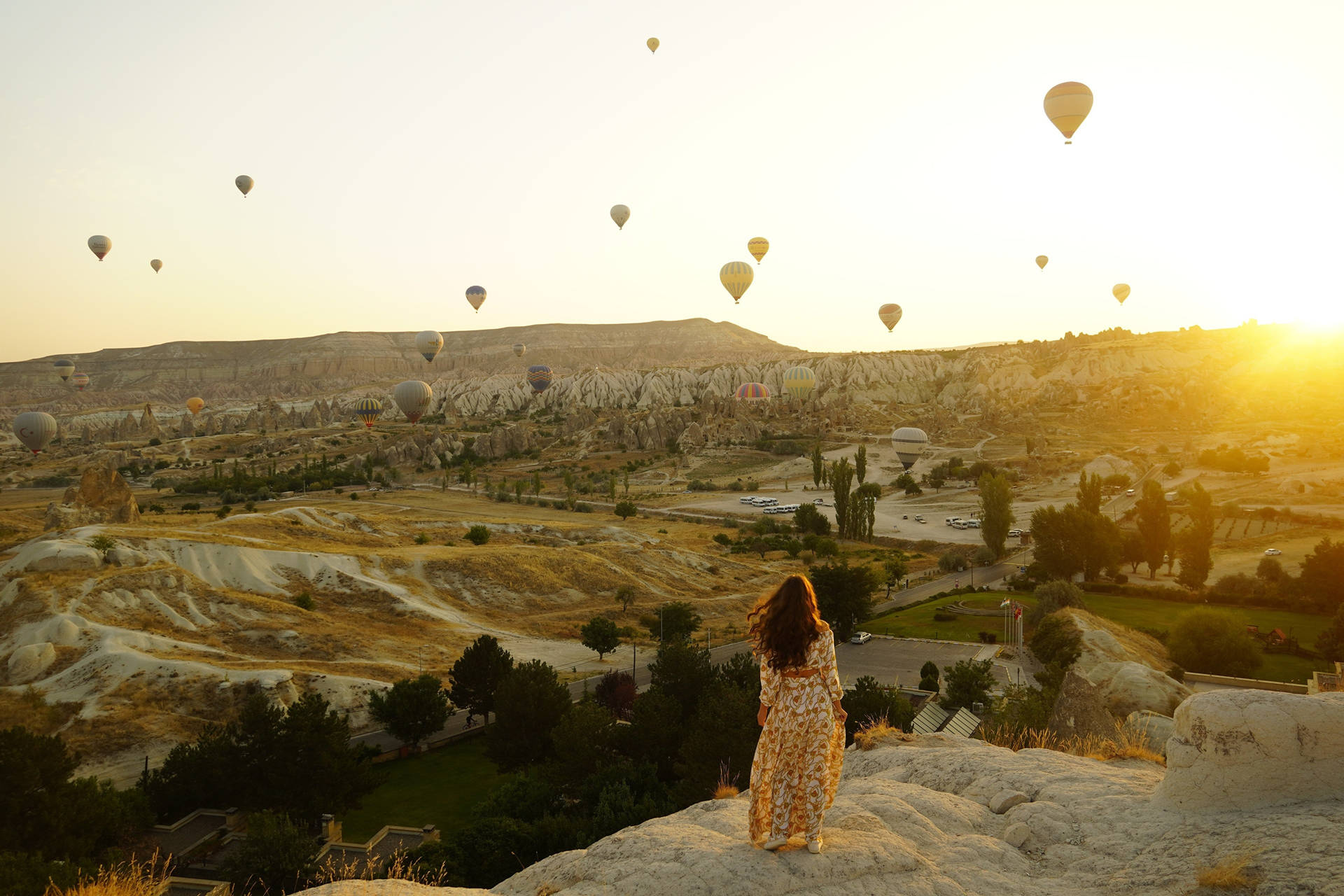 Cappadocia Woman Standing Balloons Background