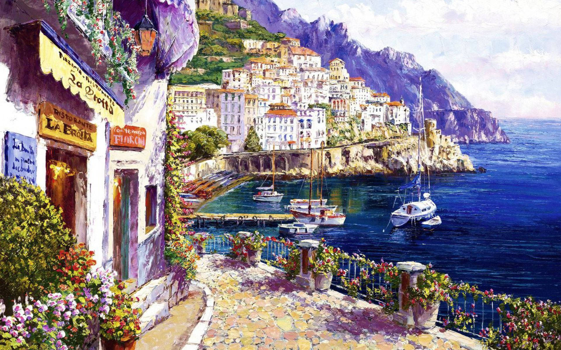 Capri Italy Vintage Realistic Painting Background