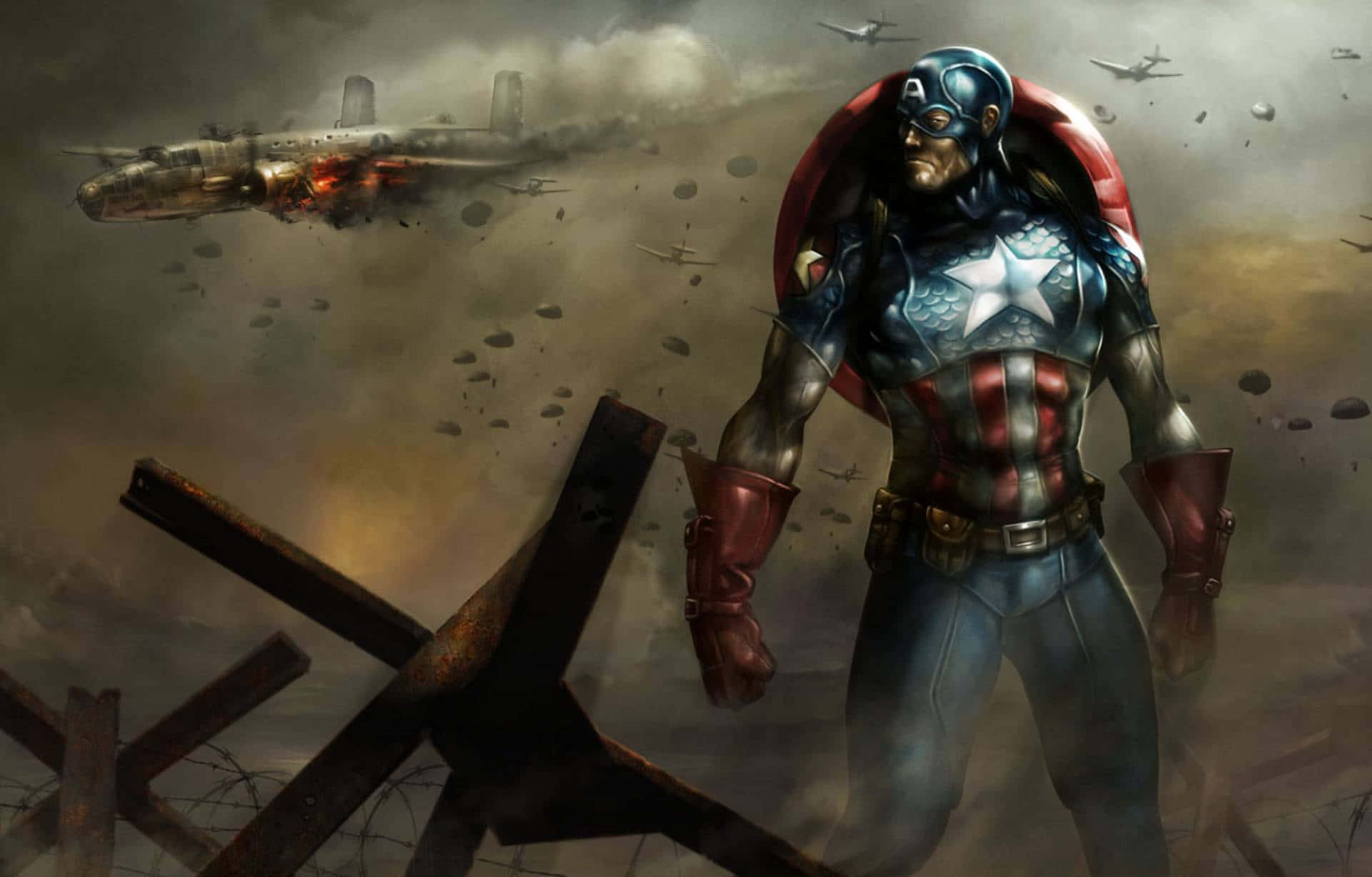 Captain America Standing In Front Of A Plane Background