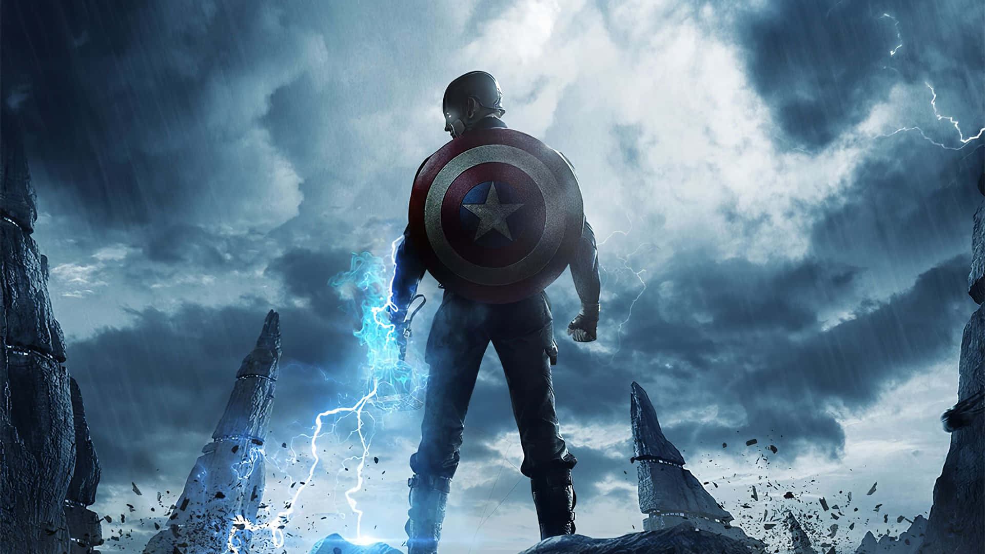 Captain America Standing Strong Amongst Rubble Background