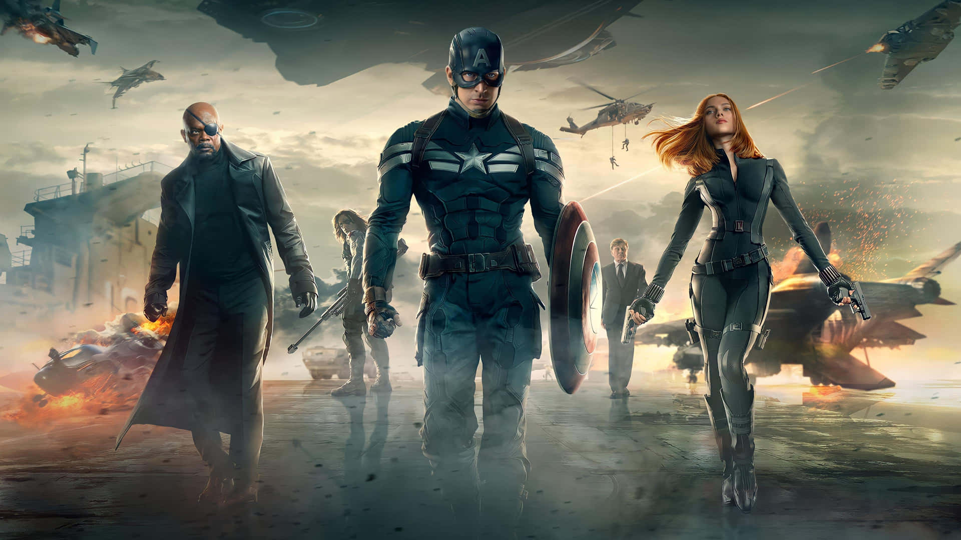 Captain Americaand Team Walking Towards Battle Background