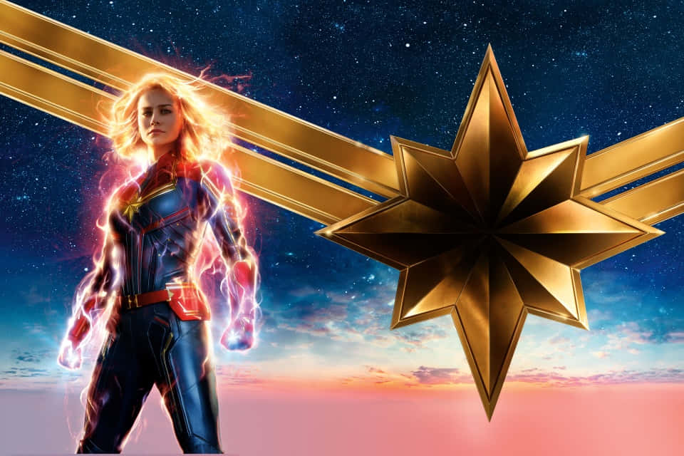 Captain Marvel Flying High On An Ipad Background