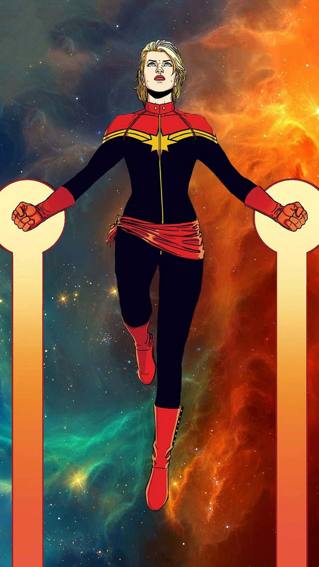 Captain Marvel In Space With A Red And Black Background