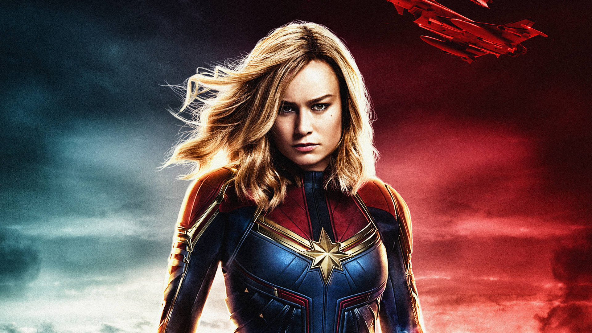 Captain Marvel Taking Flight On A Laptop Screen Background