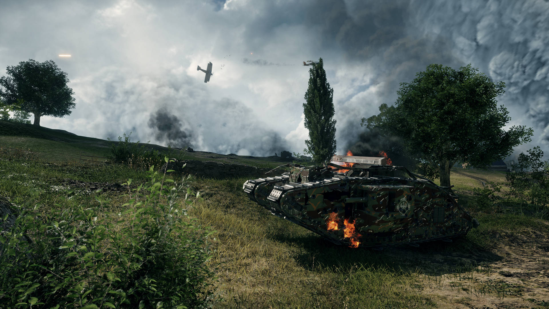 Caption: 4k Battlefield 1 - Mark V Tank In Destruction Scene Background