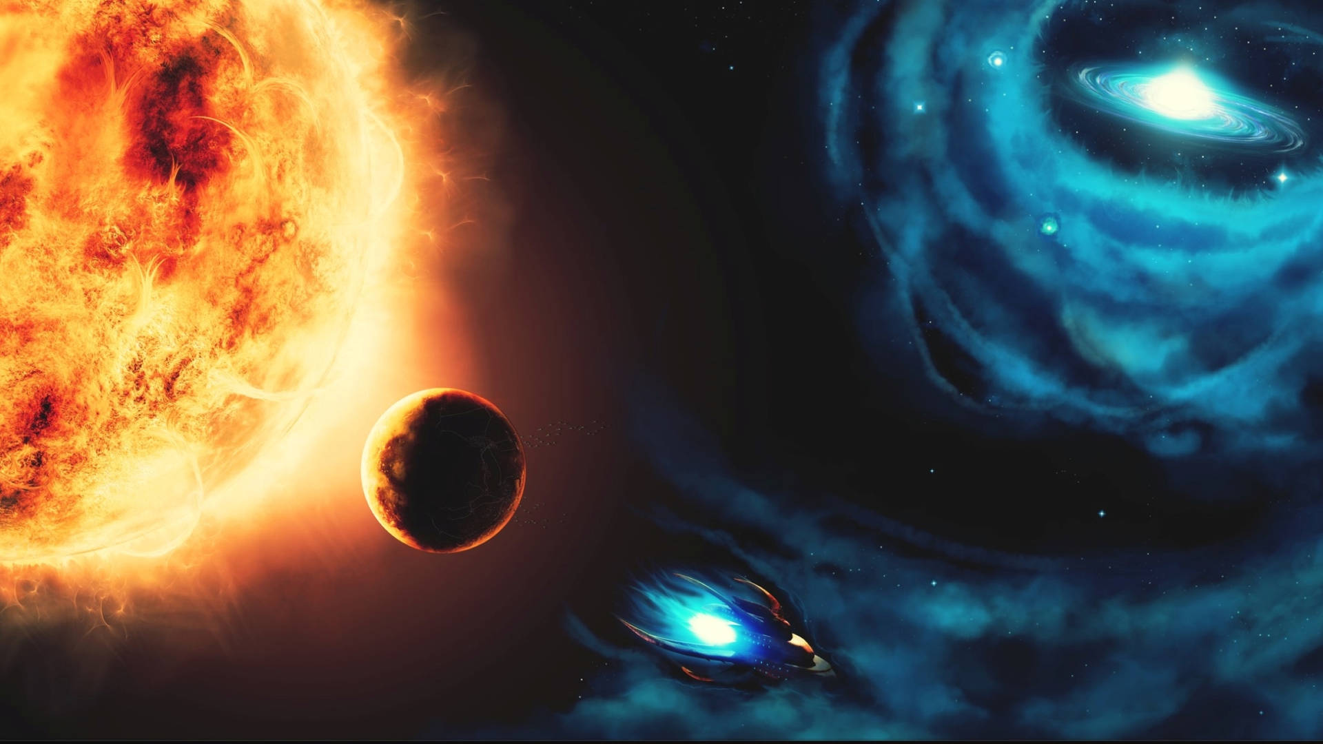 Caption: A Fiery Embrace - The Universe Unveiled Background