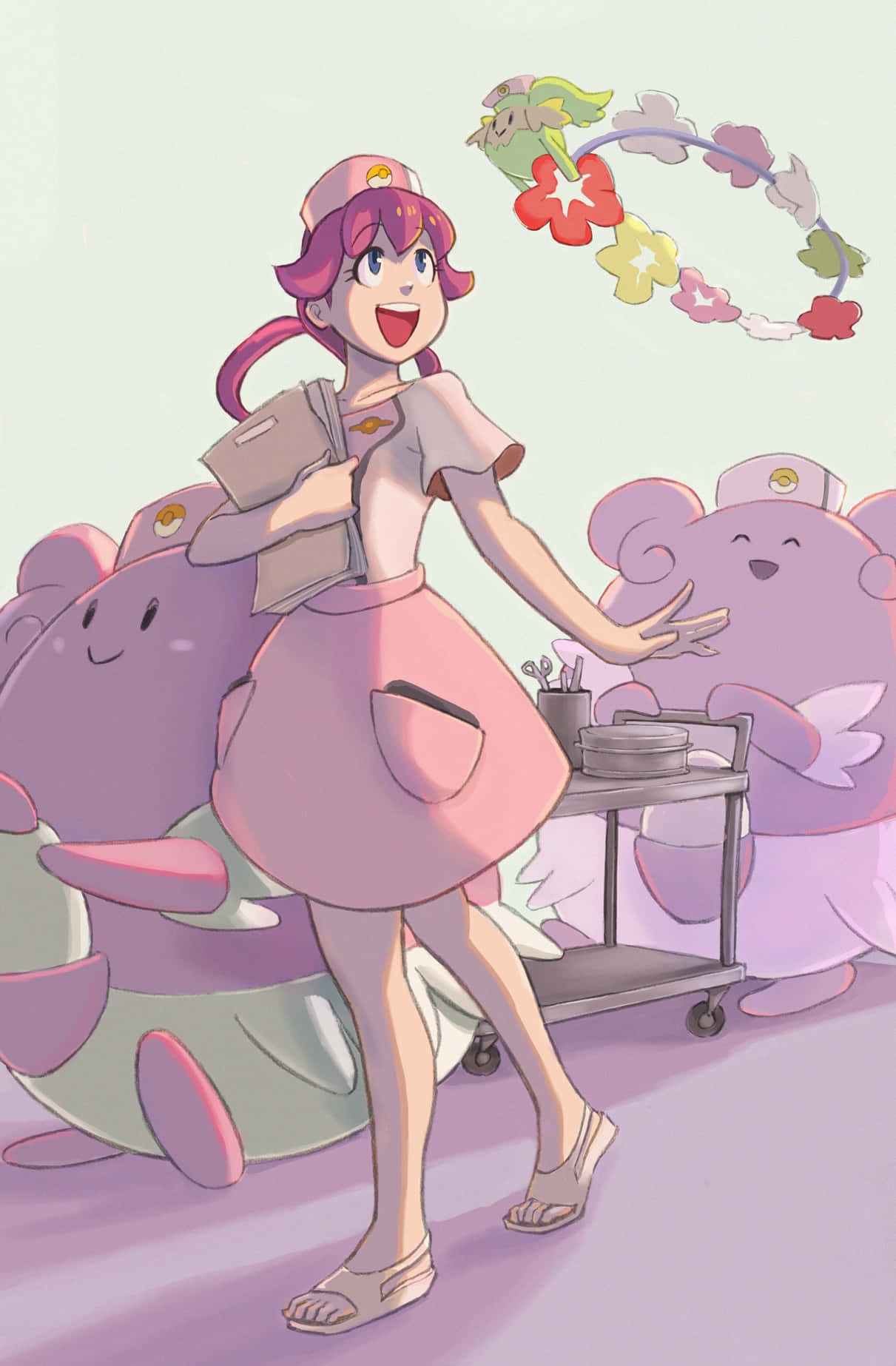 Caption: A Friendly Encounter With Nurse Joy And Her Trusty Pokemon, Blissey Background