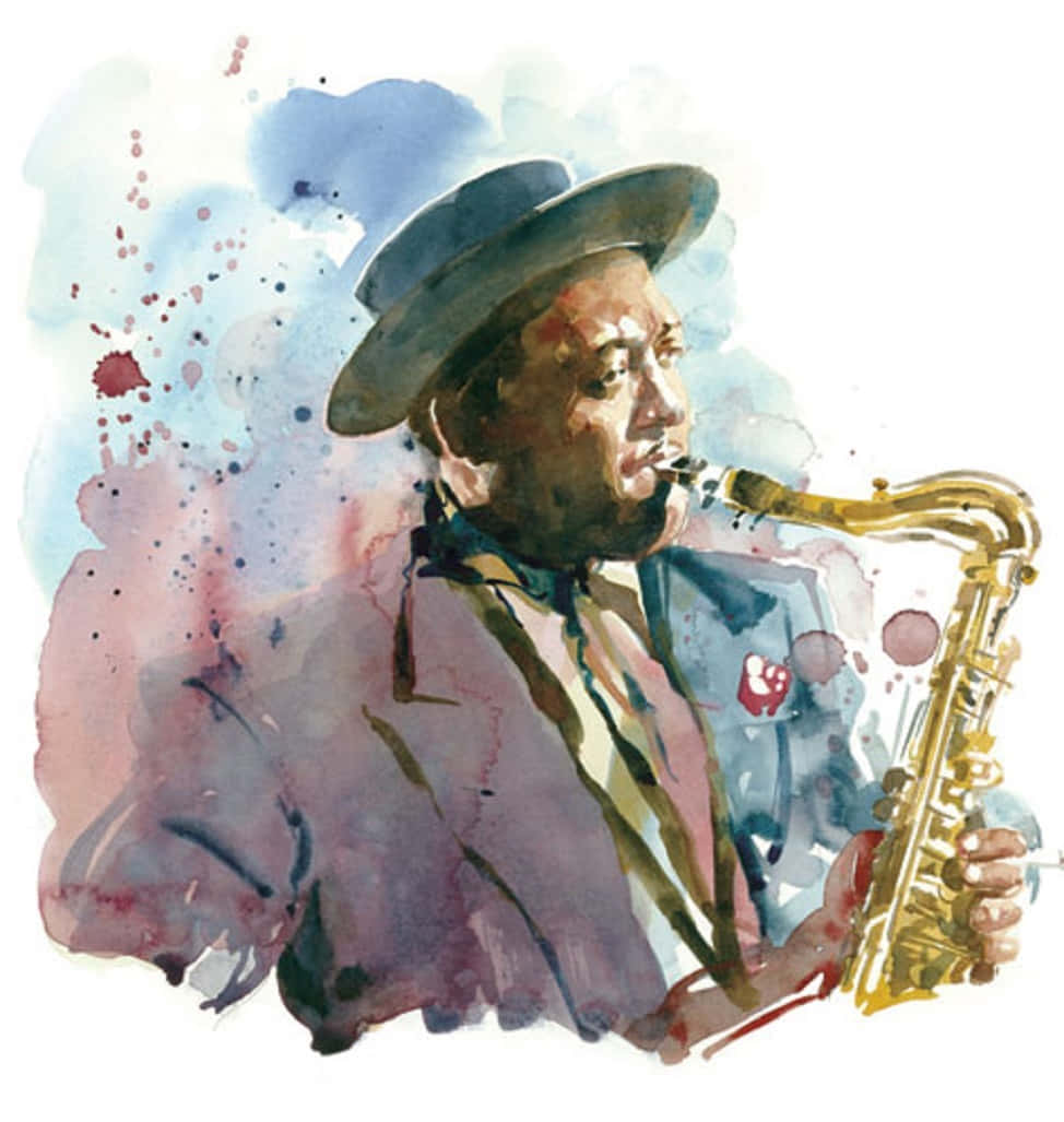 Caption: A Mesmerizing Watercolor Painting Of Lester Young Background