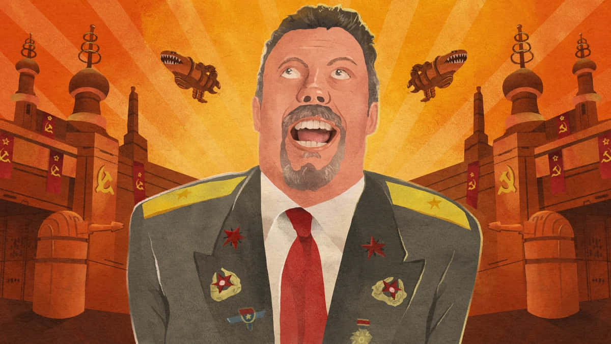 Caption: A Smiling Tim Curry Stands Confidently In A Suit. Background