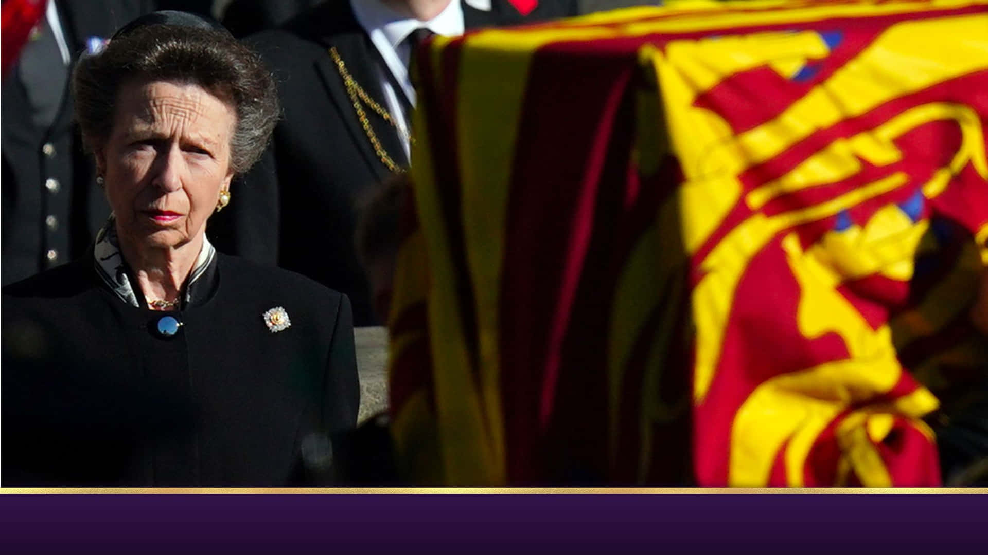 Caption: A Solemn Princess Anne Observing Her Mother's Coffin Background