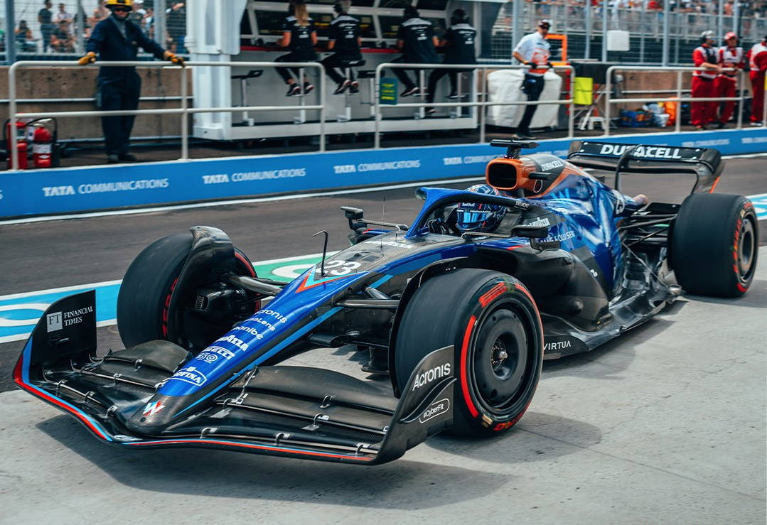 Caption: Alexander Albon Speeding In A Blue F1 Race Car Background