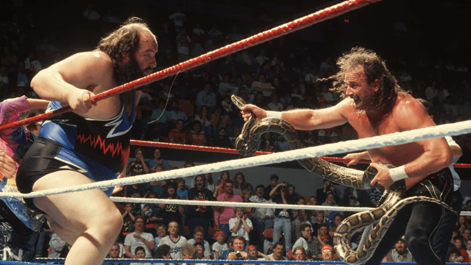 Caption: American Professional Wrestler, Jake Roberts, Threatening John Tenta In Classic Wrestling Match Background