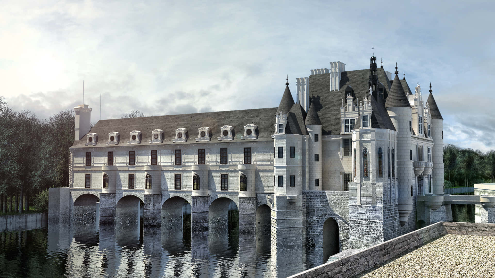Caption: An Awe-inspiring View Of The Chenonceau Castle On A Gray Day Background