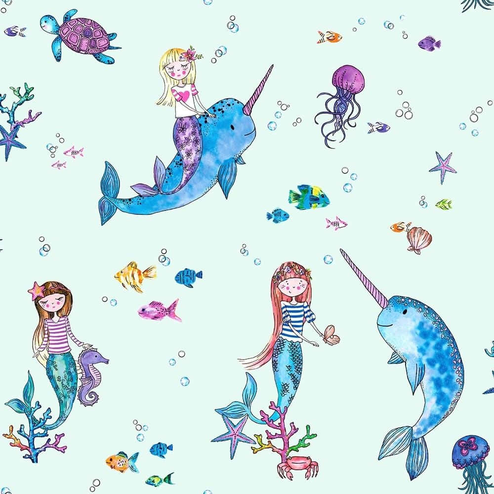 Caption: An Enchanting Display Of Sea Creatures Interacting With A Delightful Mermaid Sprinkling Glitter. Background
