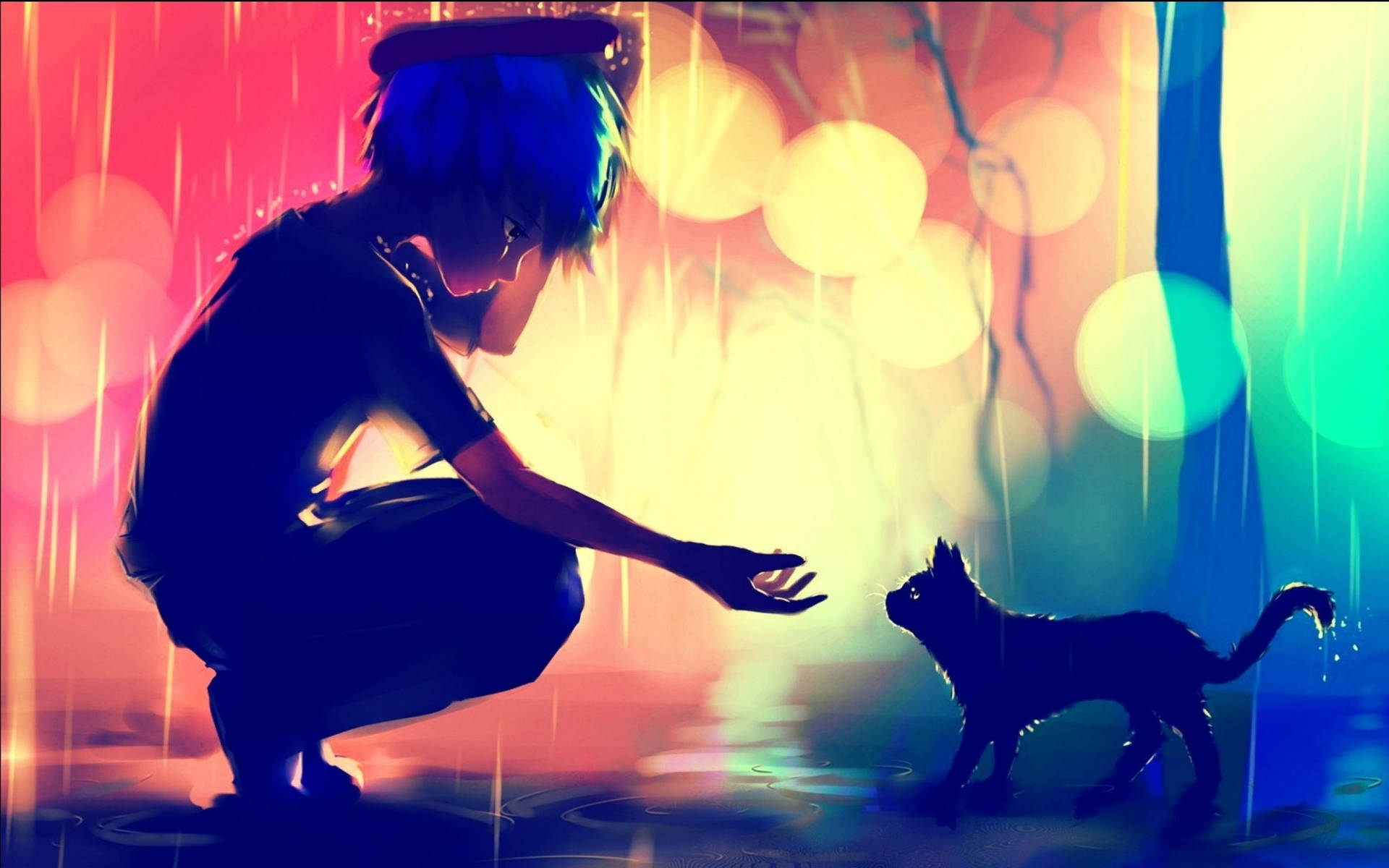 Caption: An Expression Of Melancholy - Boy And Cat Background