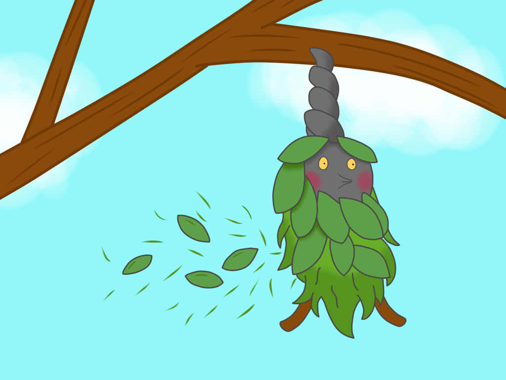 Caption: An Intriguing Burmy Hanging On A Tree Background