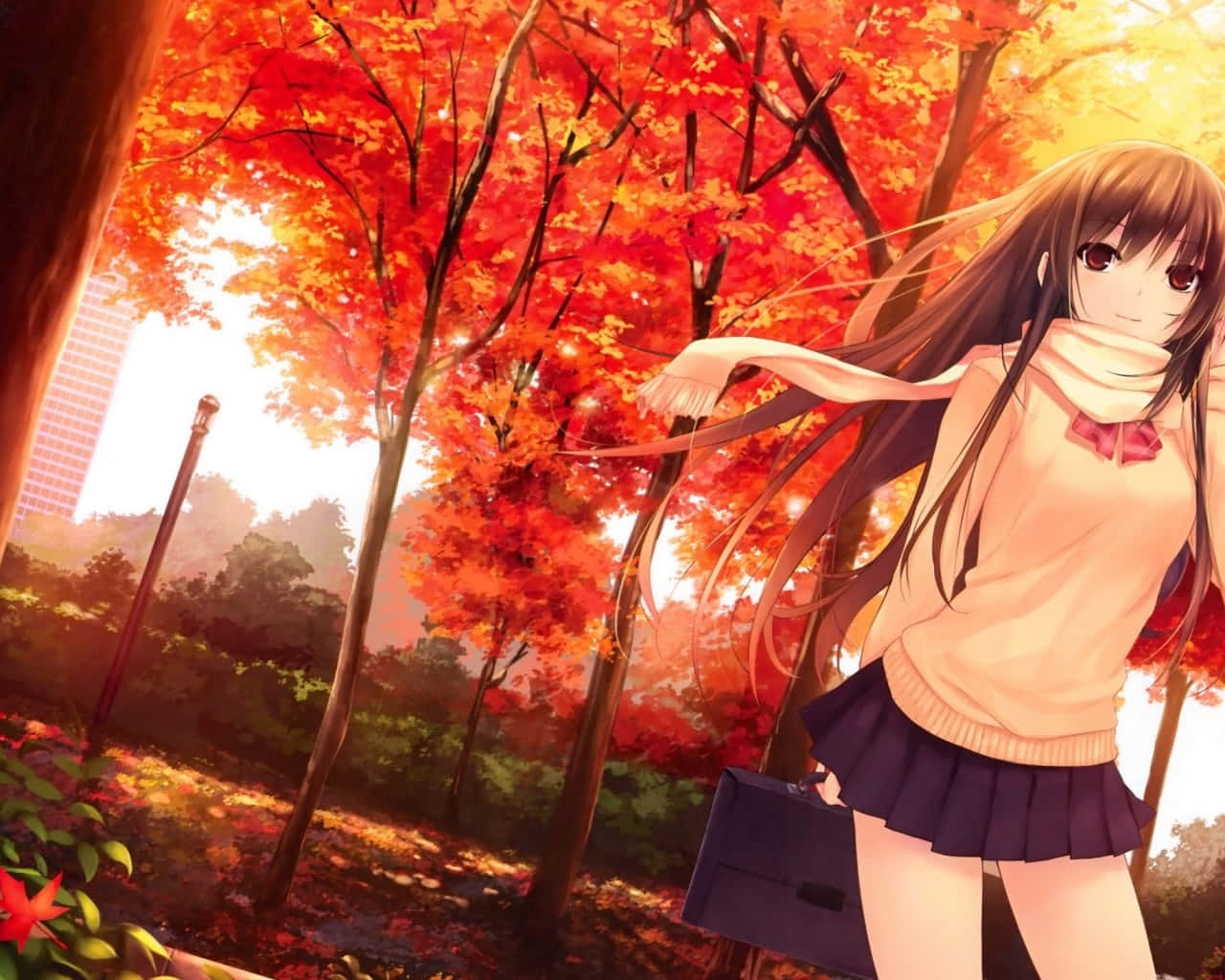 Caption: Anime Schoolgirl Enjoying The Autumn Atmosphere In Park Background