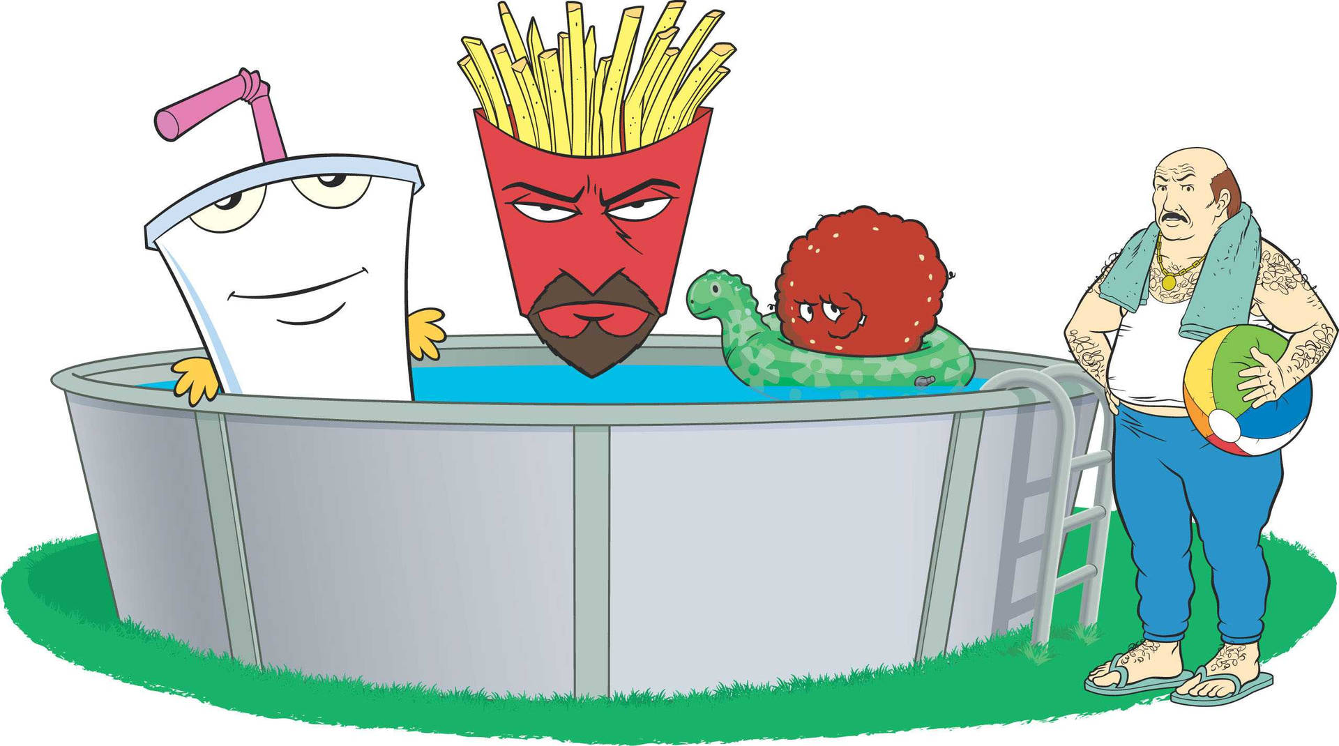 Caption: Aqua Teen Hunger Force Having Fun By The Pool Side With Carl Background