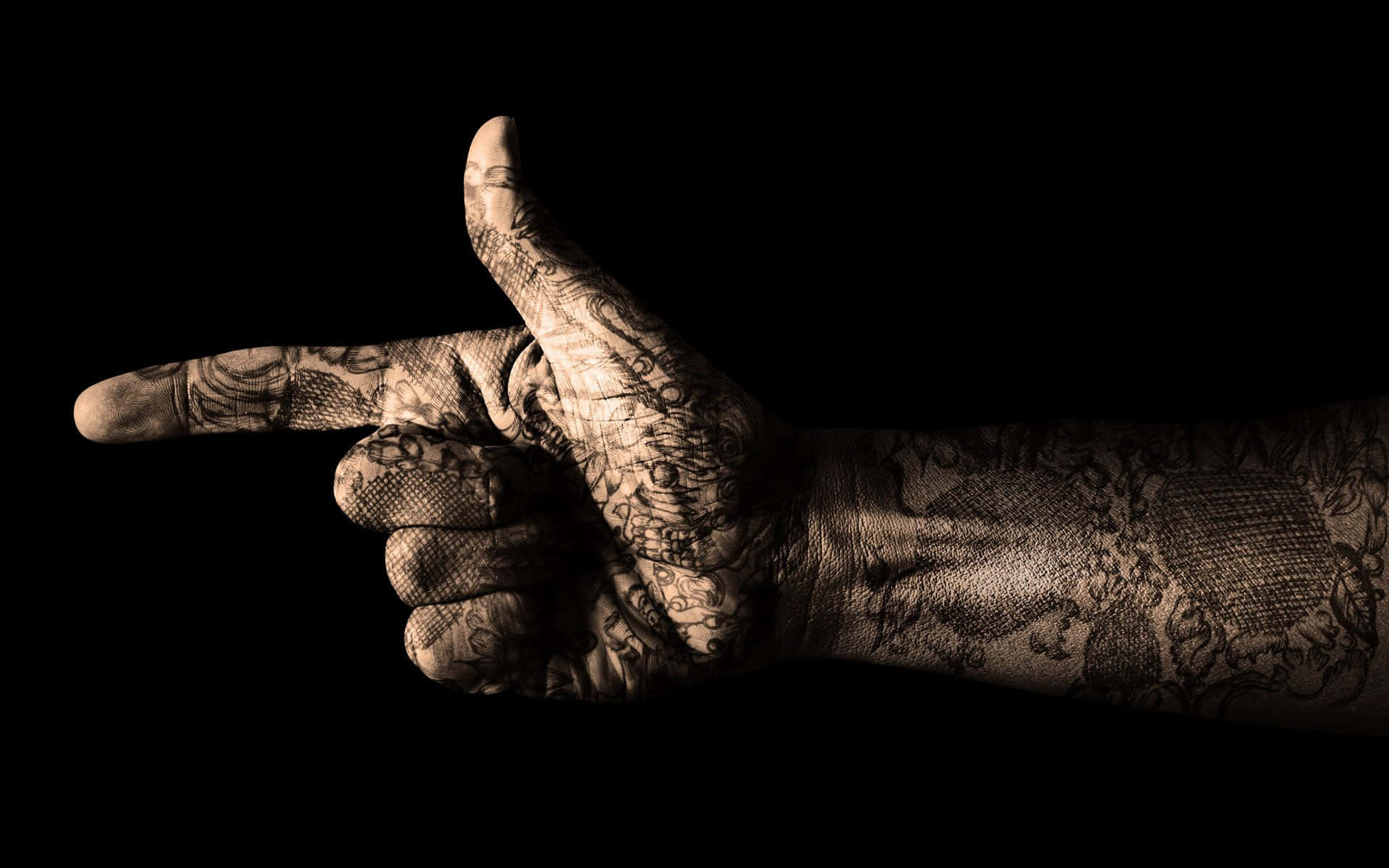 Caption: Artistic Pointing Finger Hand Tattoo Background