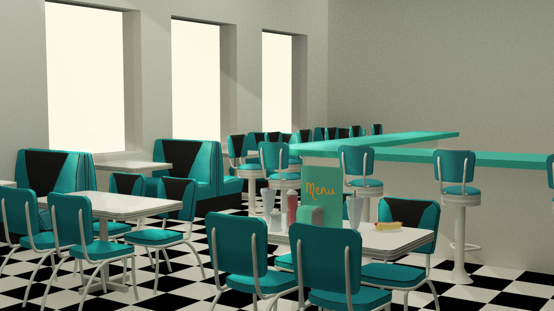 Caption: Authentic 50s Diner With White And Green Interior Background