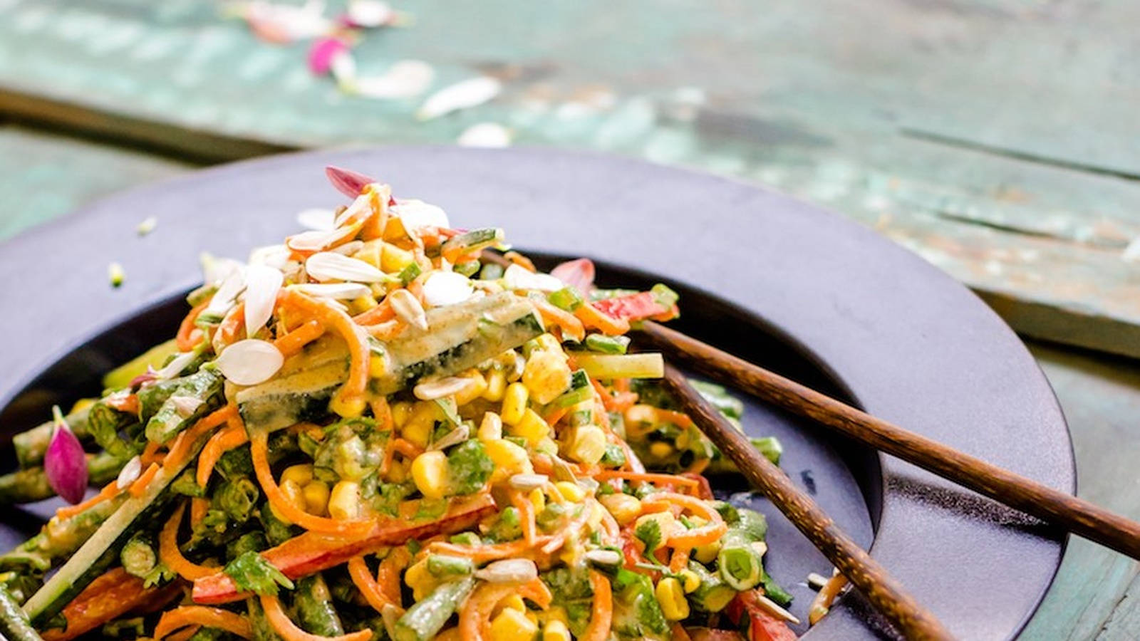 Caption: Authentic Pad Thai Stir-fry With Vibrant Vegetables. Background