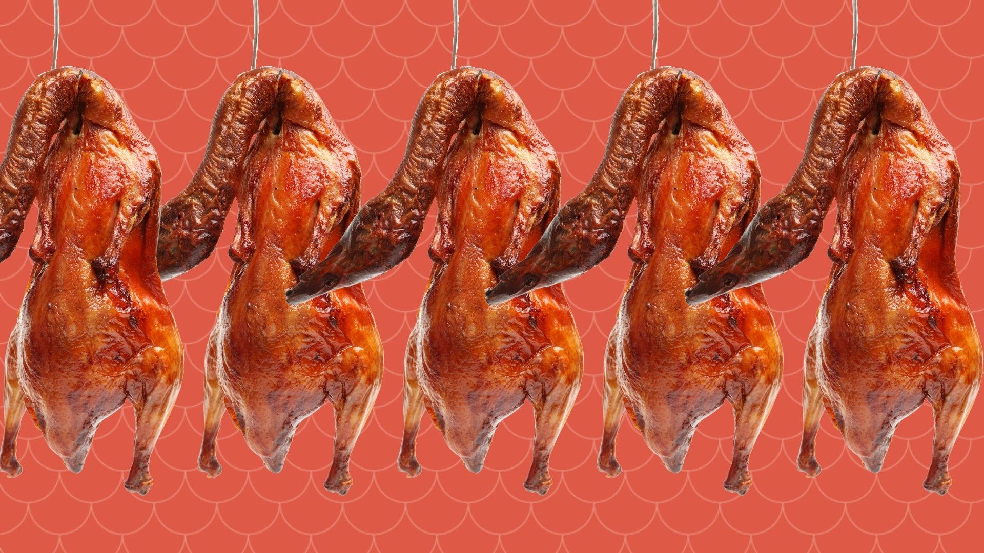 Caption: Authentic Roasted Peking Duck Hanging On Hooks Background