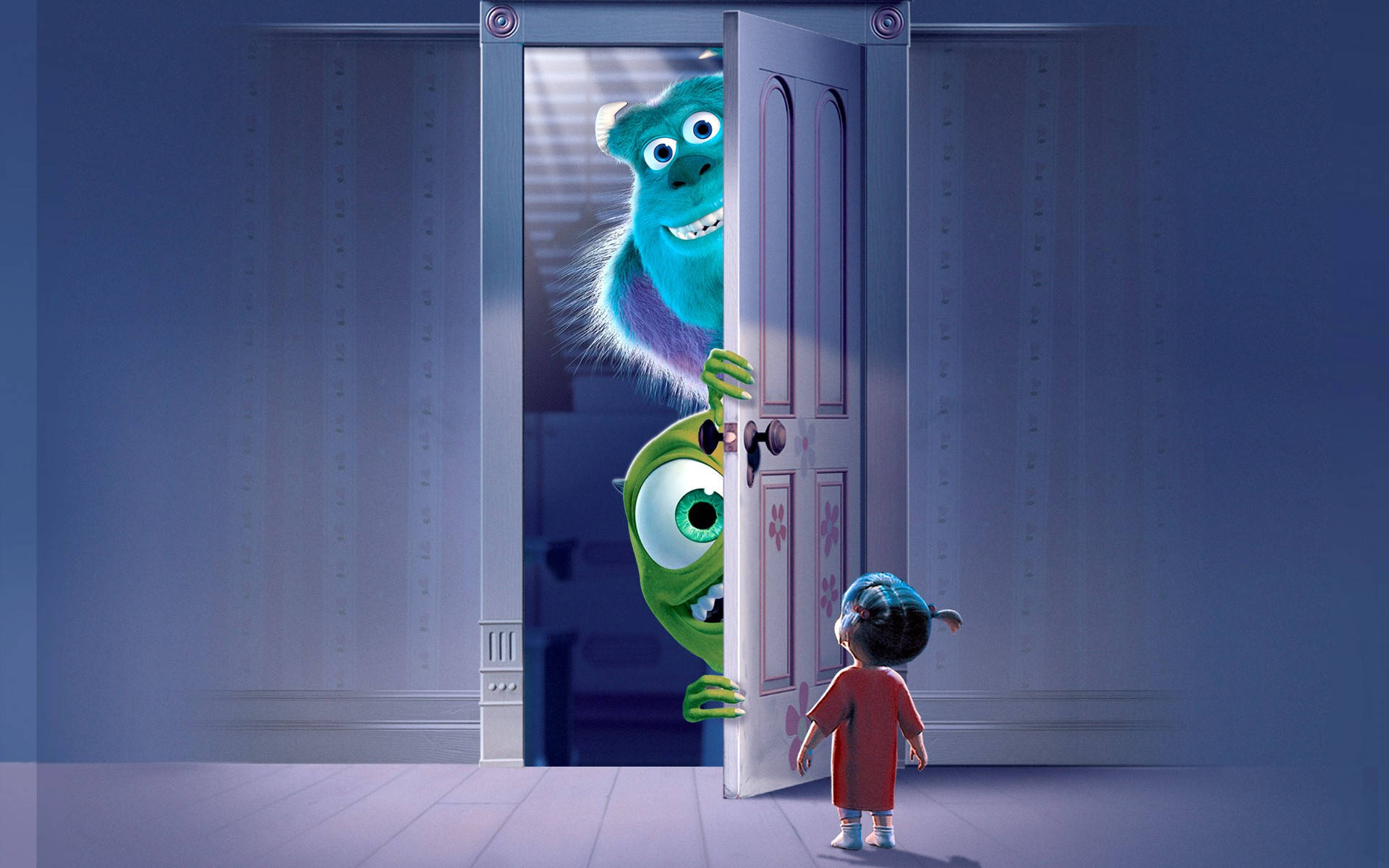 Caption: Boo, Sulley, And Mike From Monsters Inc. In An Adventurous Day Background