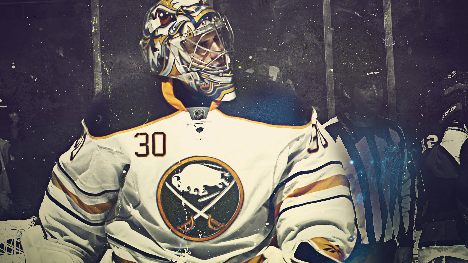 Caption: Buffalo Sabres Star Player, Ryan Miller In Action On The Ice. Background
