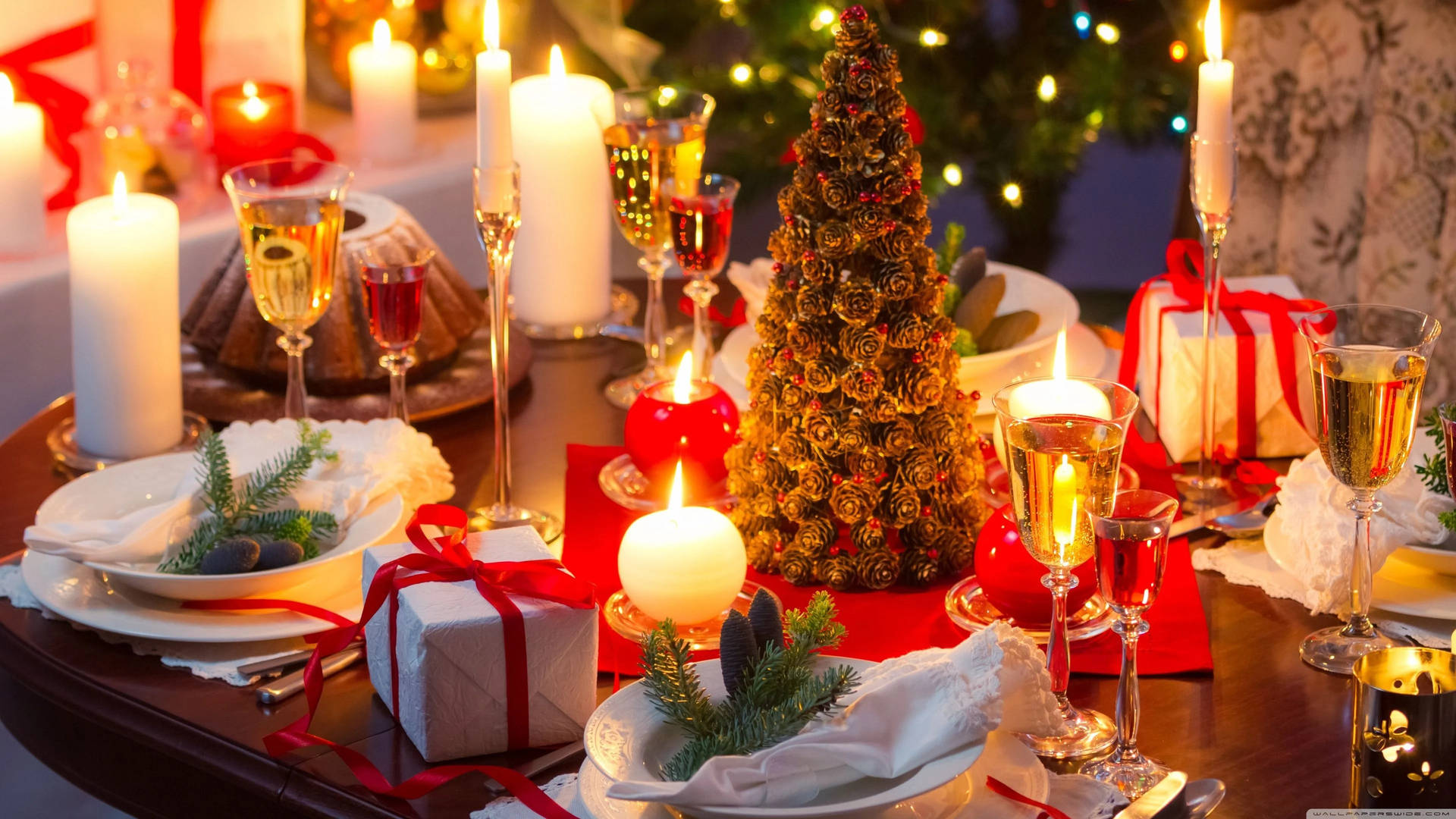 Caption: Captivating Candle-lit Christmas Dinner Background