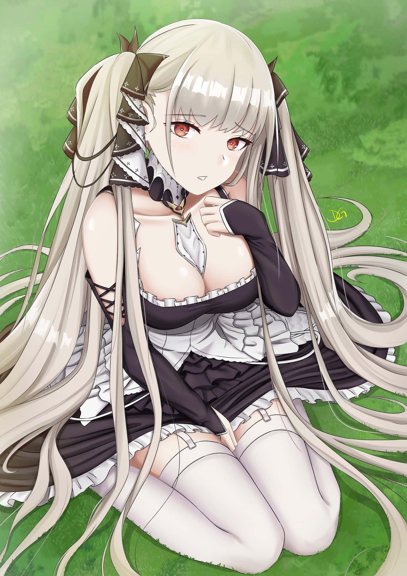 Caption: Charming Anime Girl Sitting On Grass Background