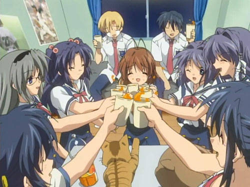 Caption: Clannad Anime Characters In Blue Backdrop Background
