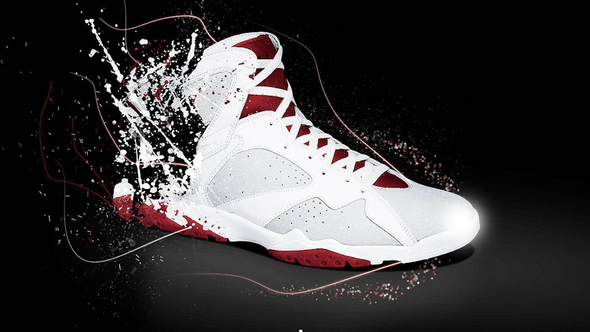 Caption: Classic Red And White Jordan 7 Basketball Shoes Background