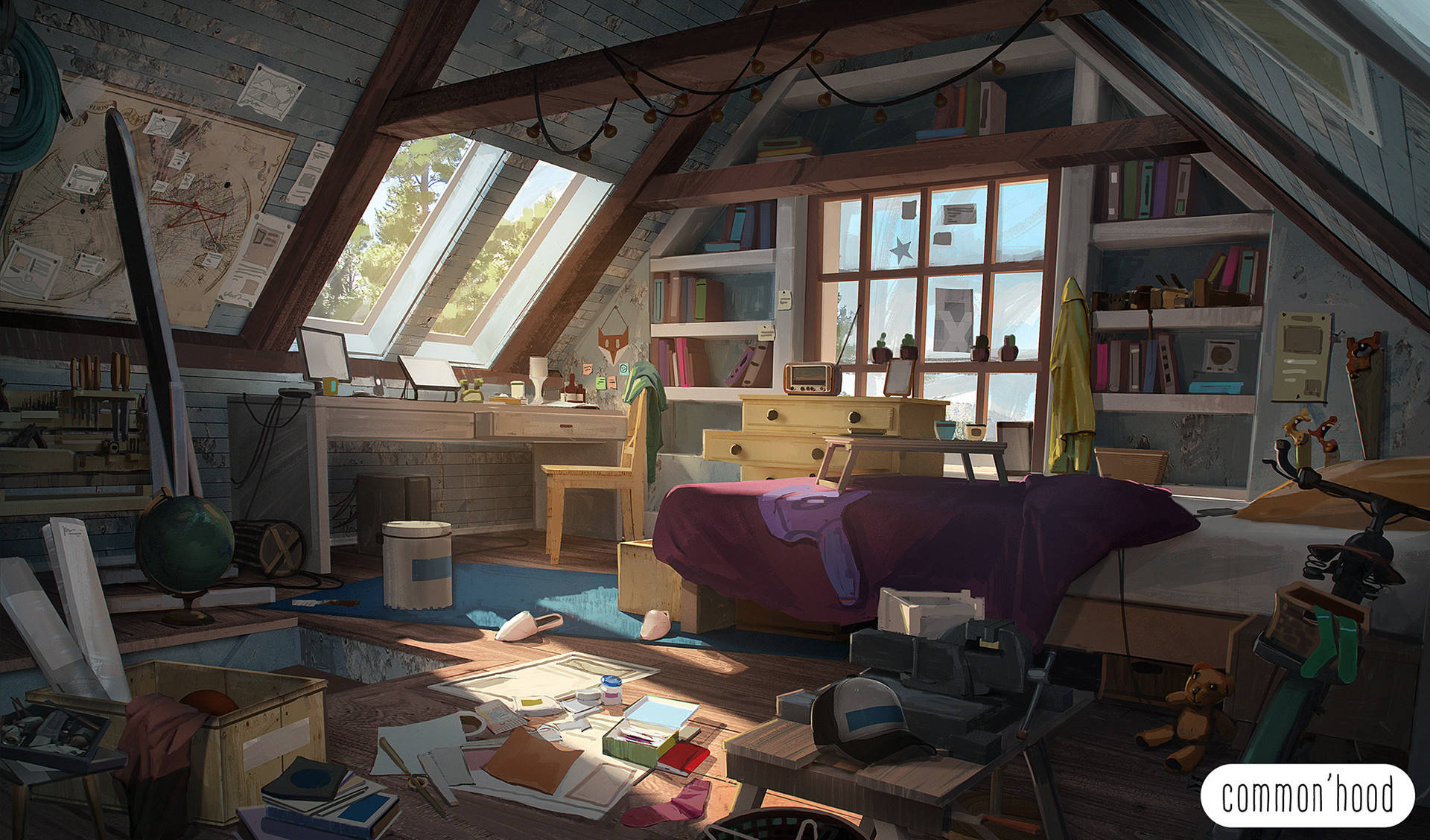 Caption: Cozy Attic Anime Bedroom Background