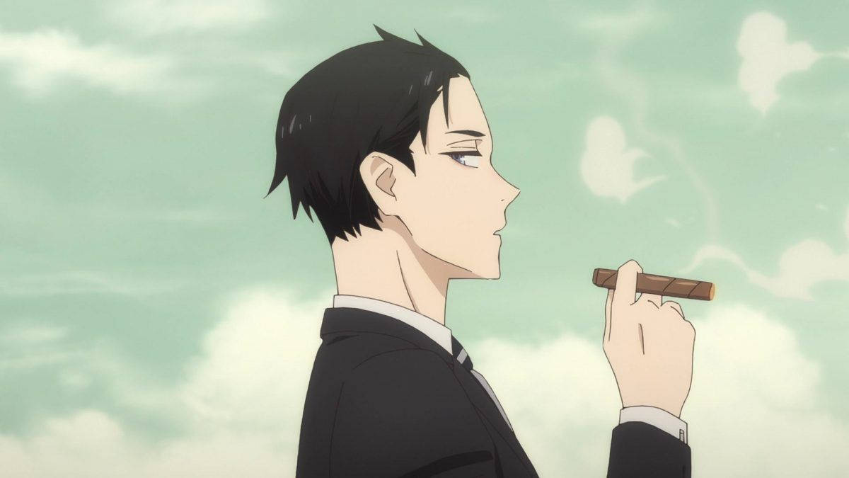 Caption: Daisuke Kambe Pensively Smoking A Cigar Background